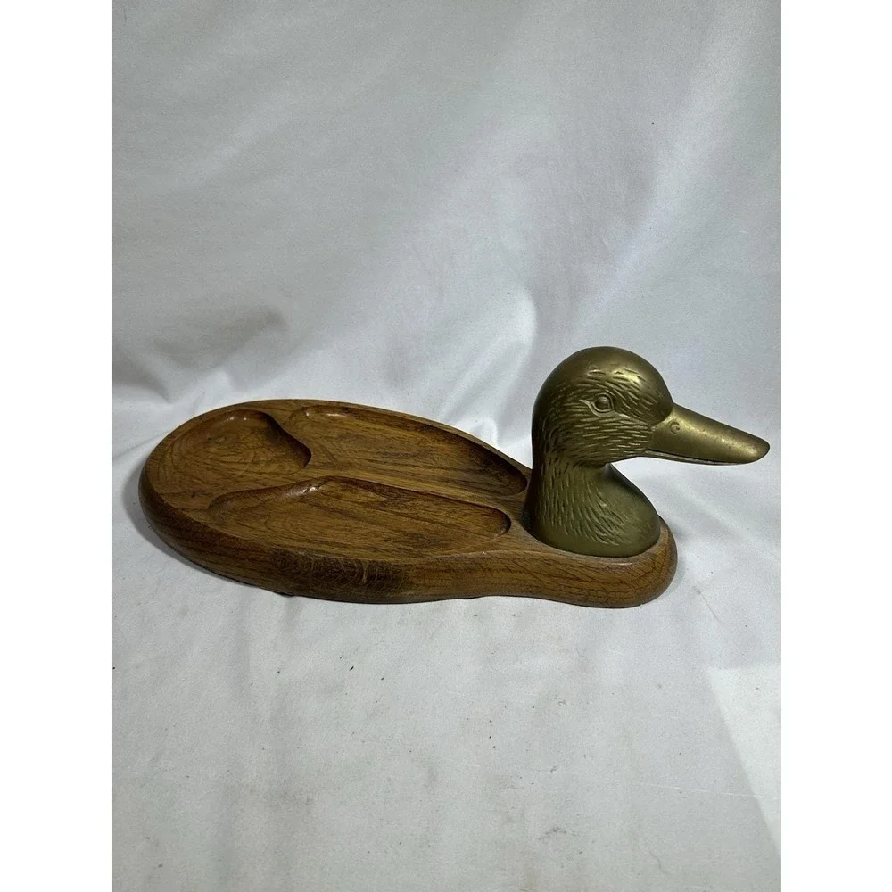 VTG Solid Brass Duck Head & Wood Men's Valet Tray Desk Dresser Entry 11